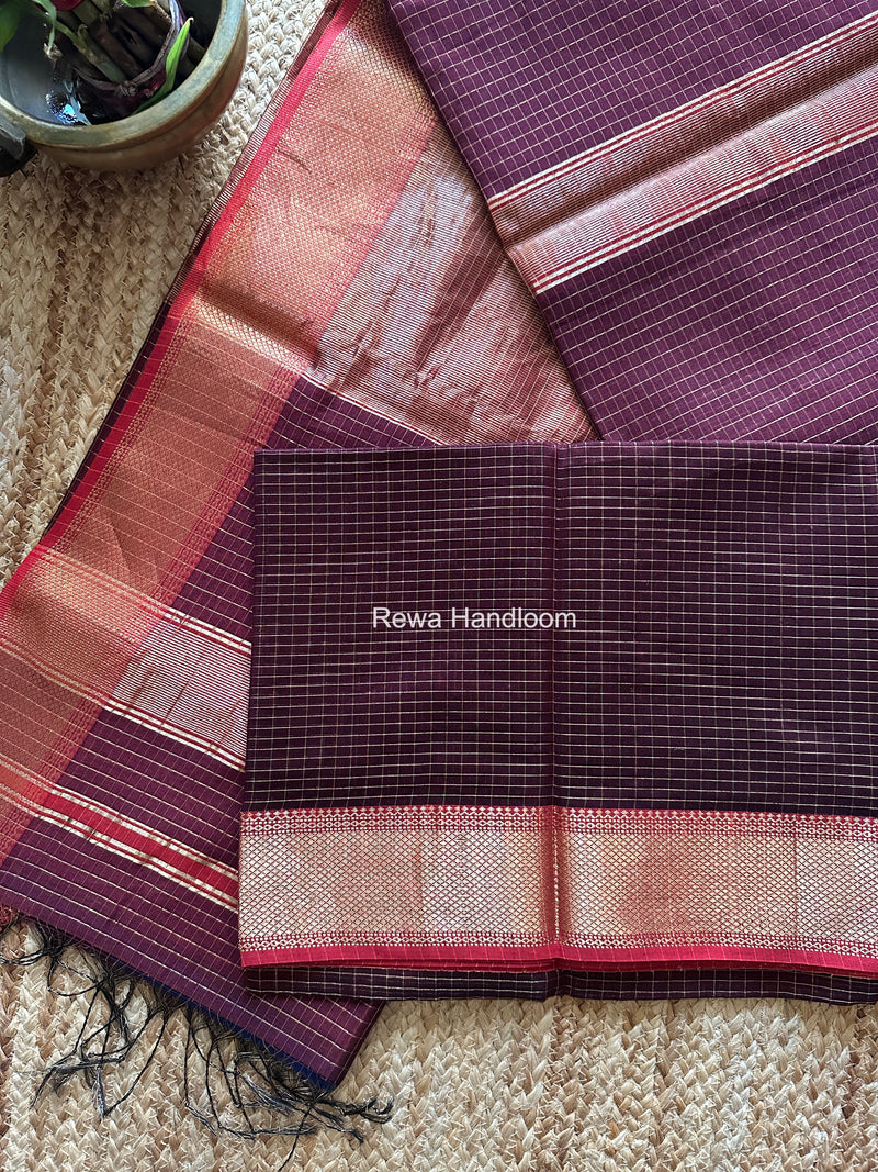 Maheshwari Wine Zari Checks Saree ZCHX433