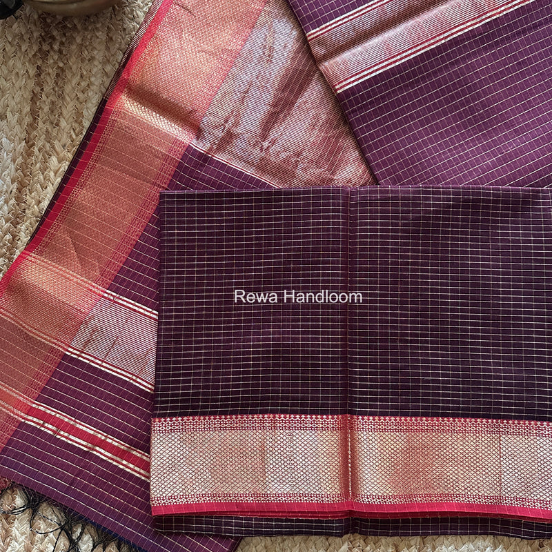 Maheshwari Wine Zari Checks Saree ZCHX433