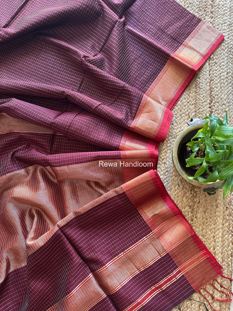 Maheshwari Wine Zari Checks Saree ZCHX433