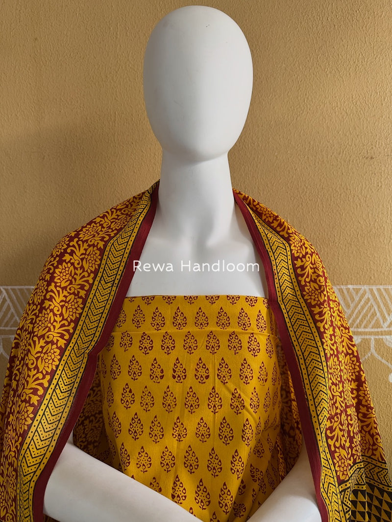 Turmeric Yellow-Maroon Bagh Print Cotton Suit BGCSJ040