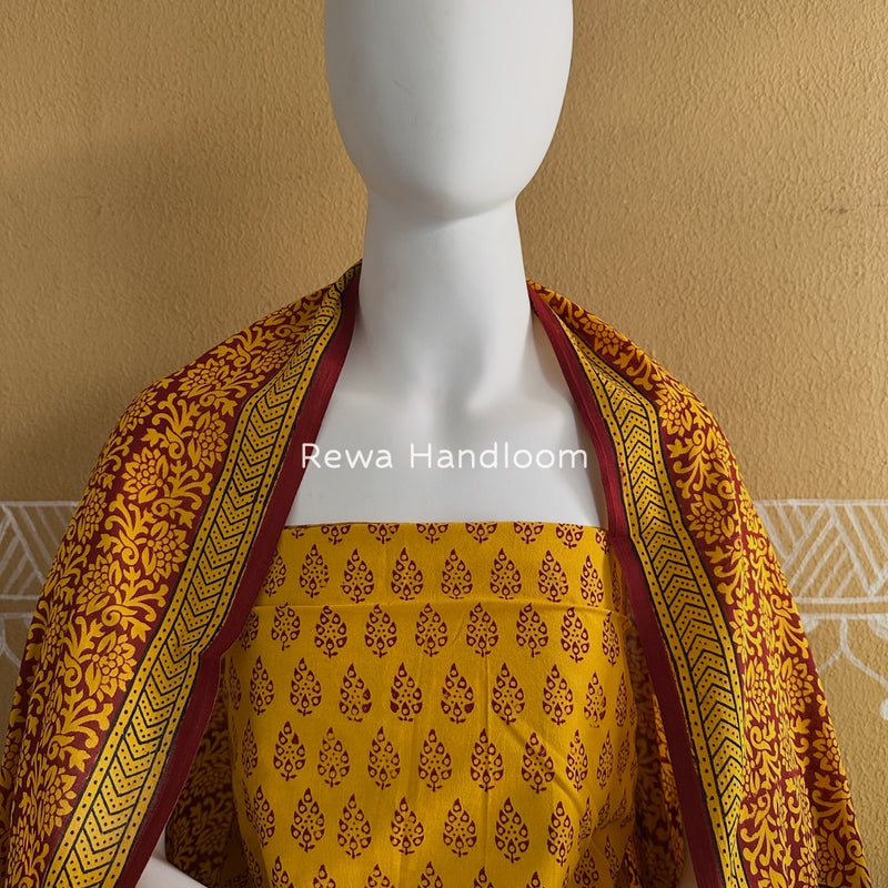 Turmeric Yellow-Maroon Bagh Print Cotton Suit BGCSJ040