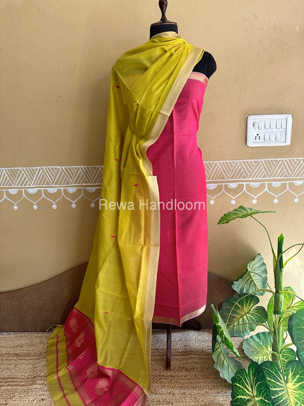 Maheshwari Pink-Green Peacock Buta-Buti Top-Dupatta Set BTP0255