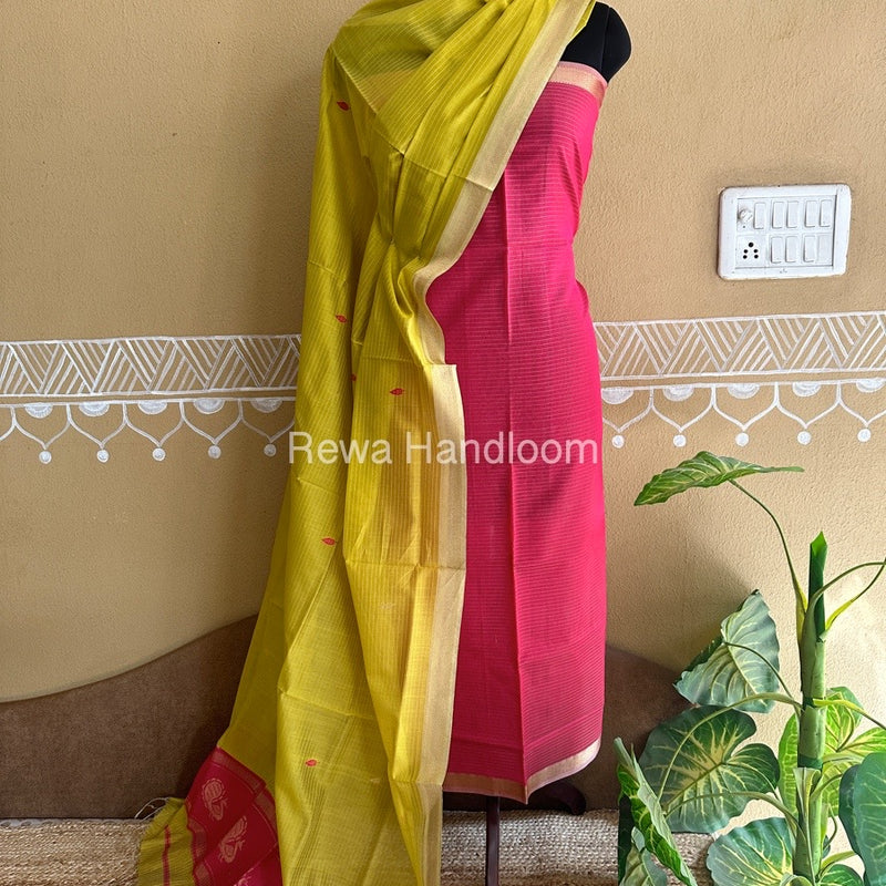 Maheshwari Pink-Green Peacock Buta-Buti Top-Dupatta Set BTP0255