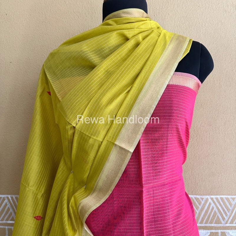 Maheshwari Pink-Green Peacock Buta-Buti Top-Dupatta Set BTP0255