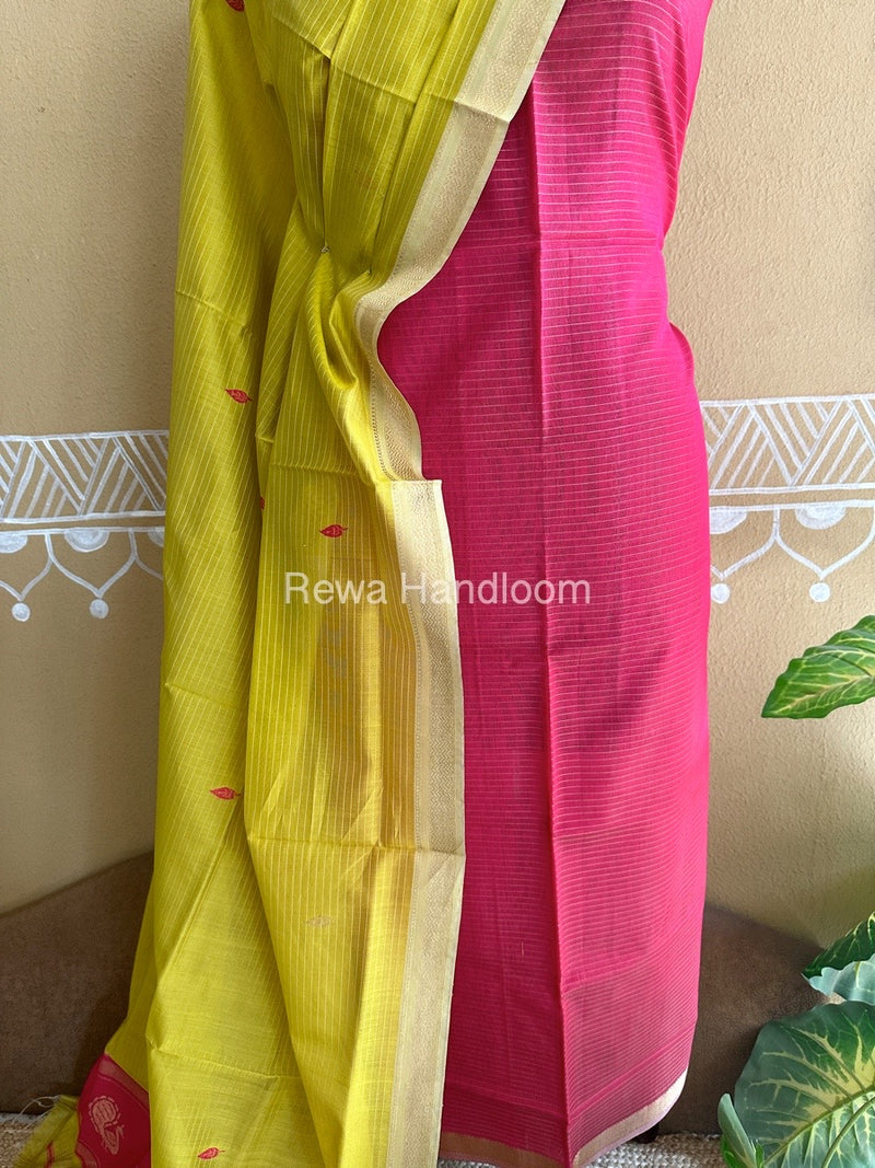 Maheshwari Pink-Green Peacock Buta-Buti Top-Dupatta Set BTP0255