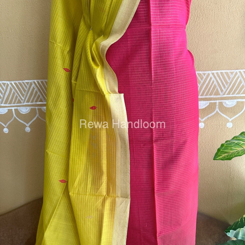 Maheshwari Pink-Green Peacock Buta-Buti Top-Dupatta Set BTP0255