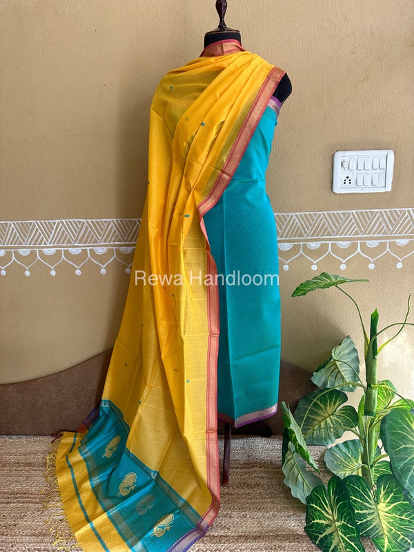 Maheshwari Firozi Blue-Dark Yellow Peacock Buta-Buti Top-Dupatta Set BTP037