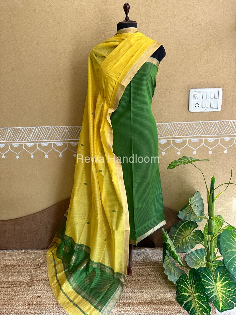 Maheshwari Mehendi Green-Lemon Yellow Peacock Buta-Buti Top-Dupatta Set BTP0208