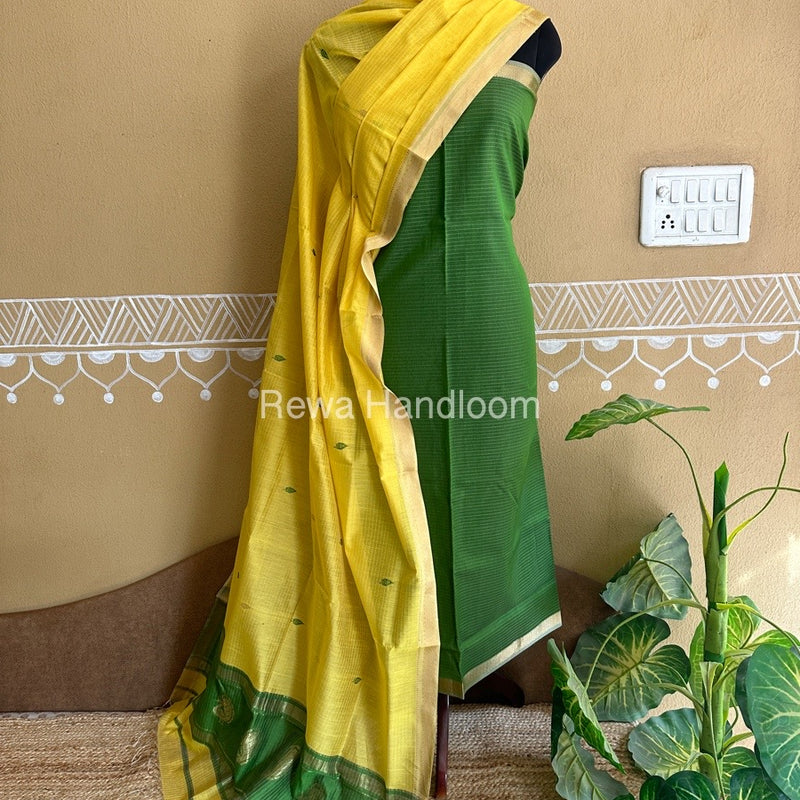 Maheshwari Mehendi Green-Lemon Yellow Peacock Buta-Buti Top-Dupatta Set BTP0208