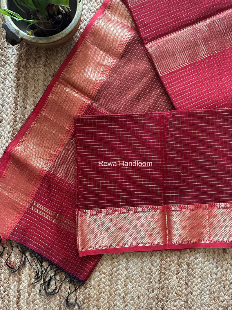 Maheshwari blood red Zari Checks Saree ZCHX457