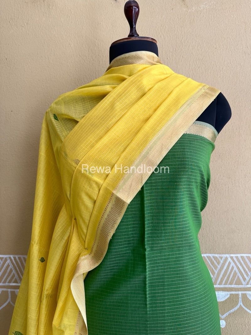 Maheshwari Mehendi Green-Lemon Yellow Peacock Buta-Buti Top-Dupatta Set BTP0208