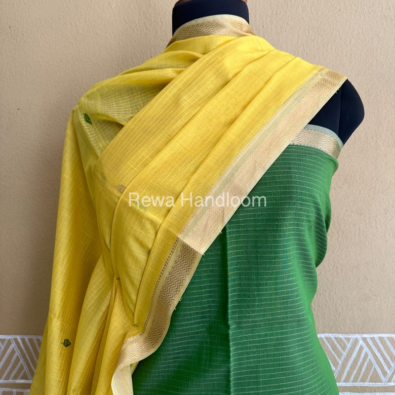 Maheshwari Mehendi Green-Lemon Yellow Peacock Buta-Buti Top-Dupatta Set BTP0208