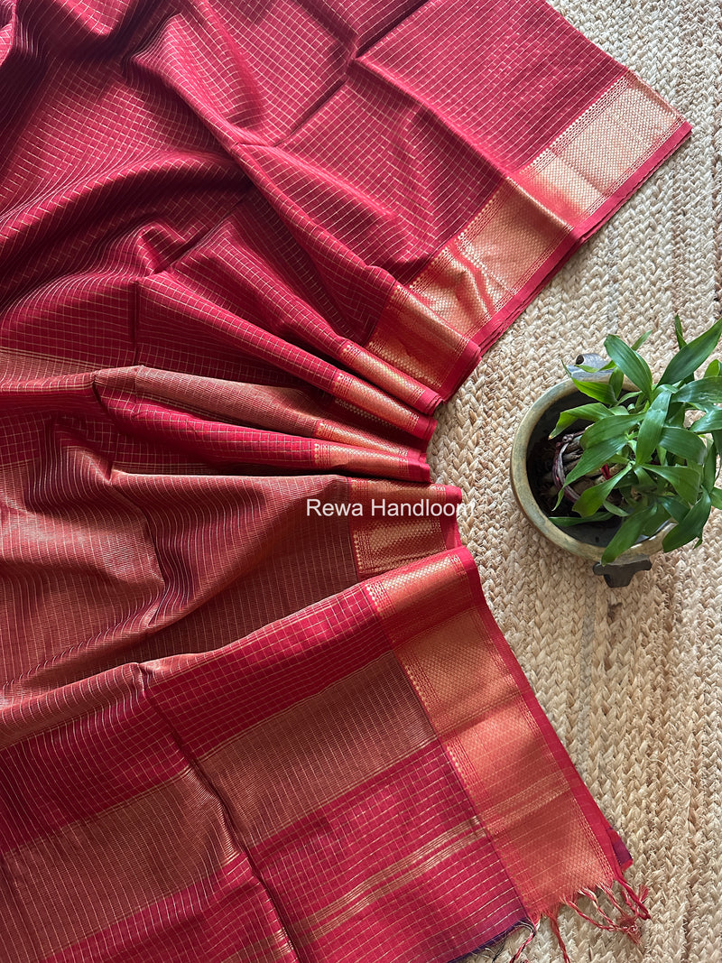 Maheshwari blood red Zari Checks Saree ZCHX457