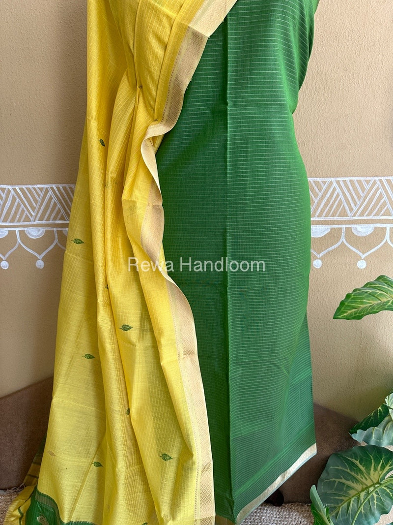 Maheshwari Mehendi Green-Lemon Yellow Peacock Buta-Buti Top-Dupatta Set BTP0208