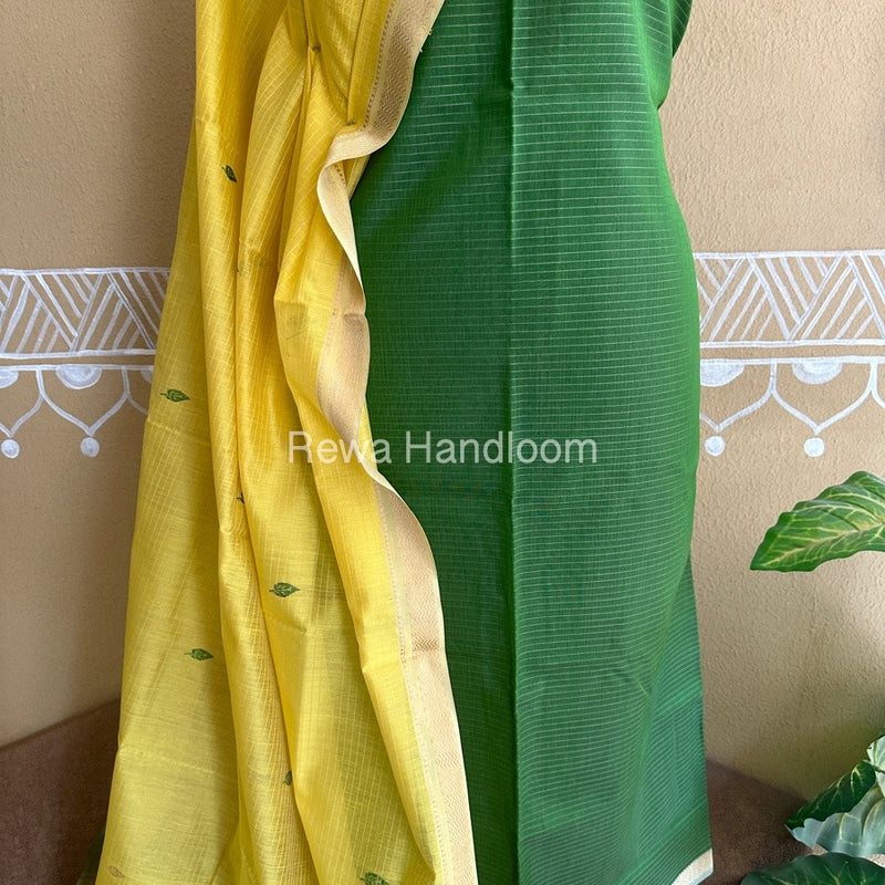 Maheshwari Mehendi Green-Lemon Yellow Peacock Buta-Buti Top-Dupatta Set BTP0208