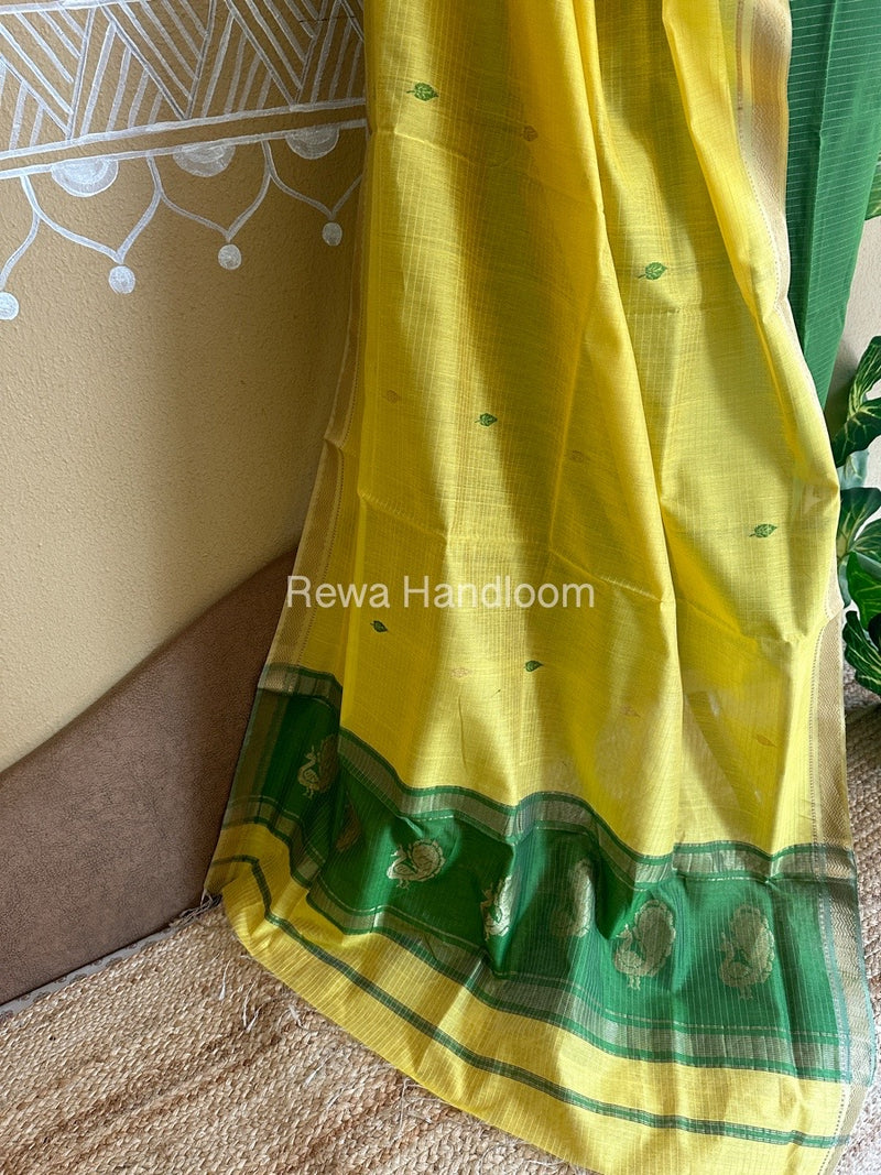 Maheshwari Mehendi Green-Lemon Yellow Peacock Buta-Buti Top-Dupatta Set BTP0208