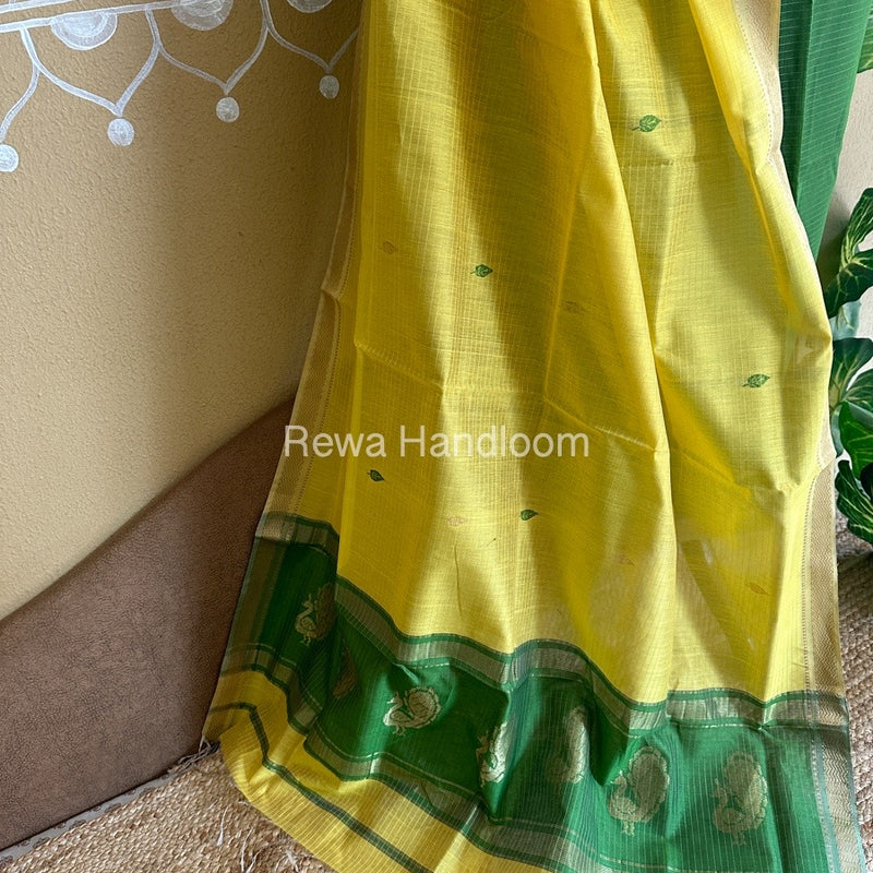 Maheshwari Mehendi Green-Lemon Yellow Peacock Buta-Buti Top-Dupatta Set BTP0208