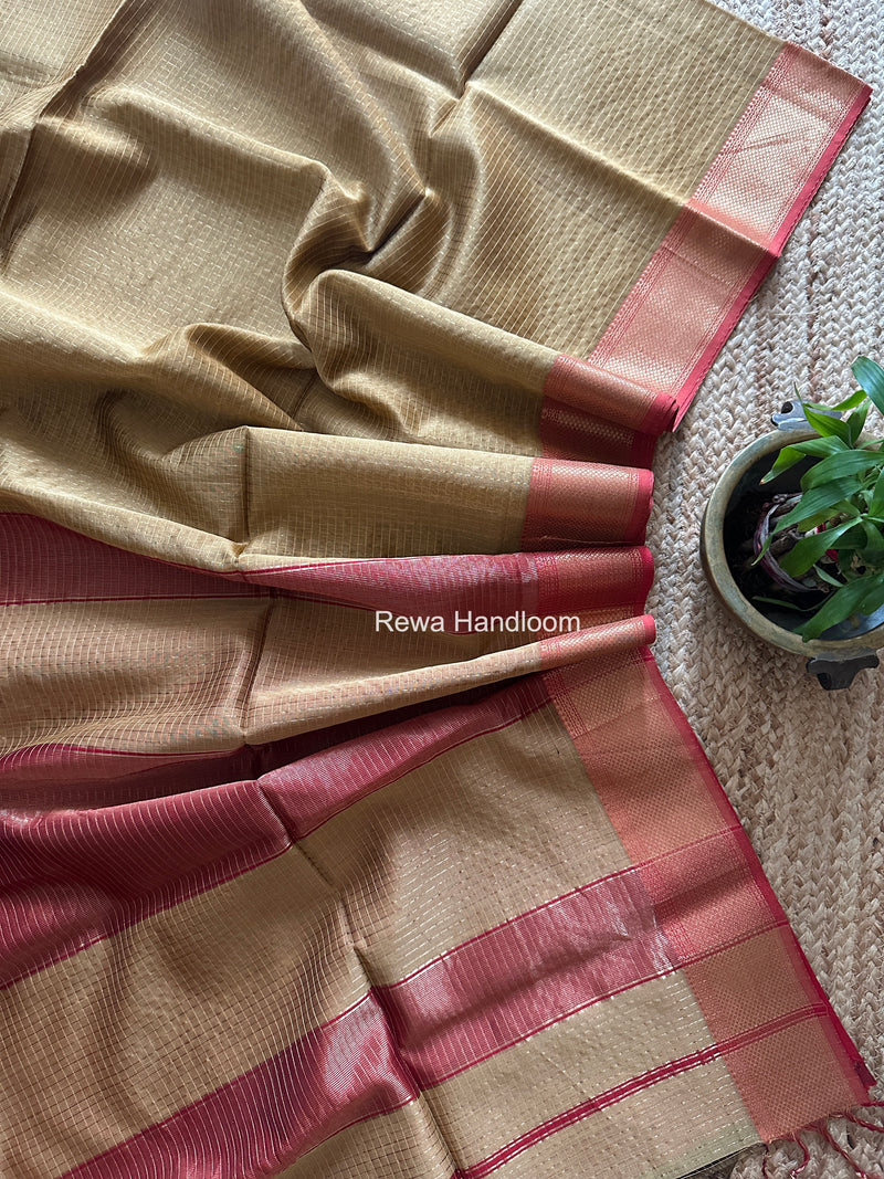 Maheshwari Light Golden Zari Checks Saree ZCHX459