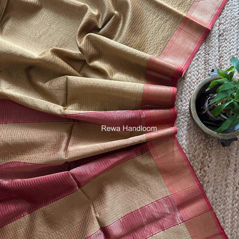 Maheshwari Light Golden Zari Checks Saree ZCHX459