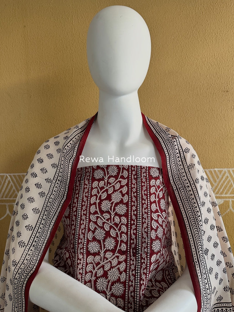 Maroon-White Bagh Print Cotton Suit BGCSJ074