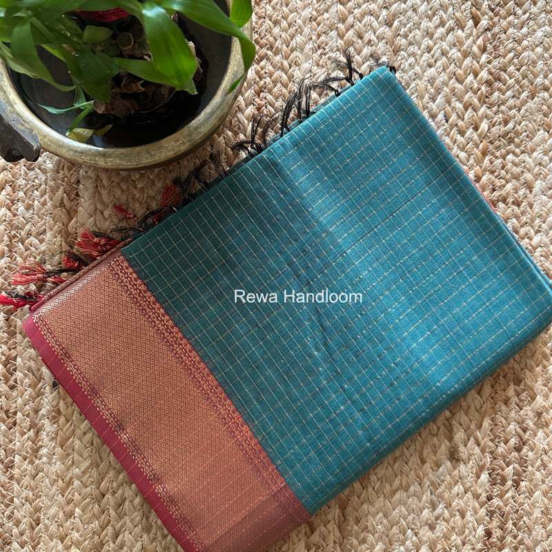 Maheshwari Aqua Green Zari Checks Saree ZCHX456