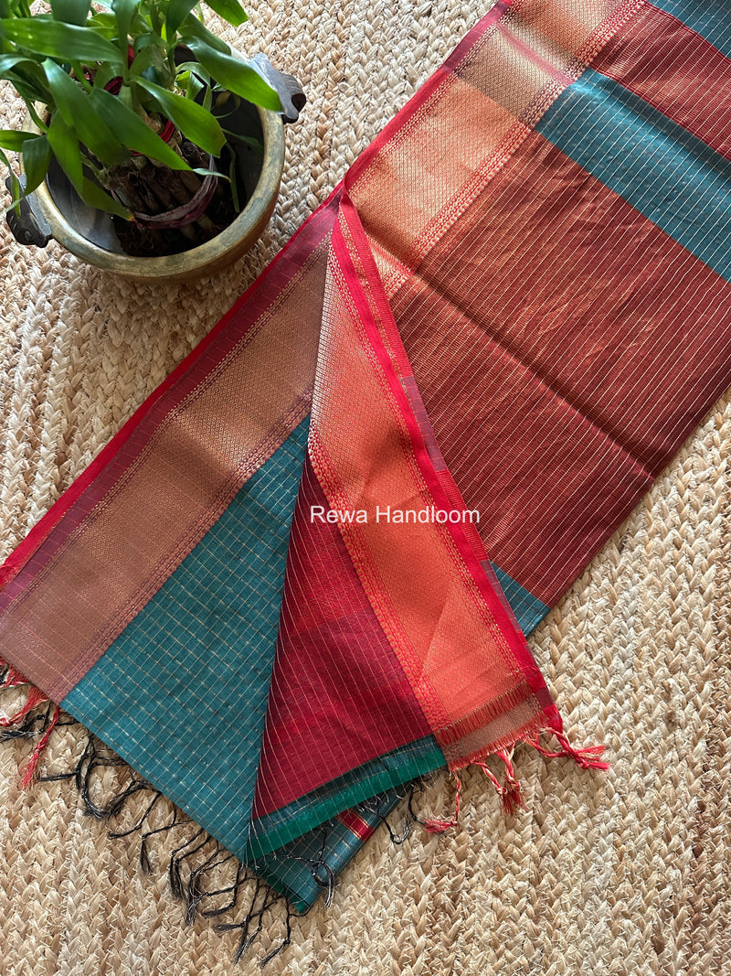 Maheshwari Aqua Green Zari Checks Saree ZCHX456