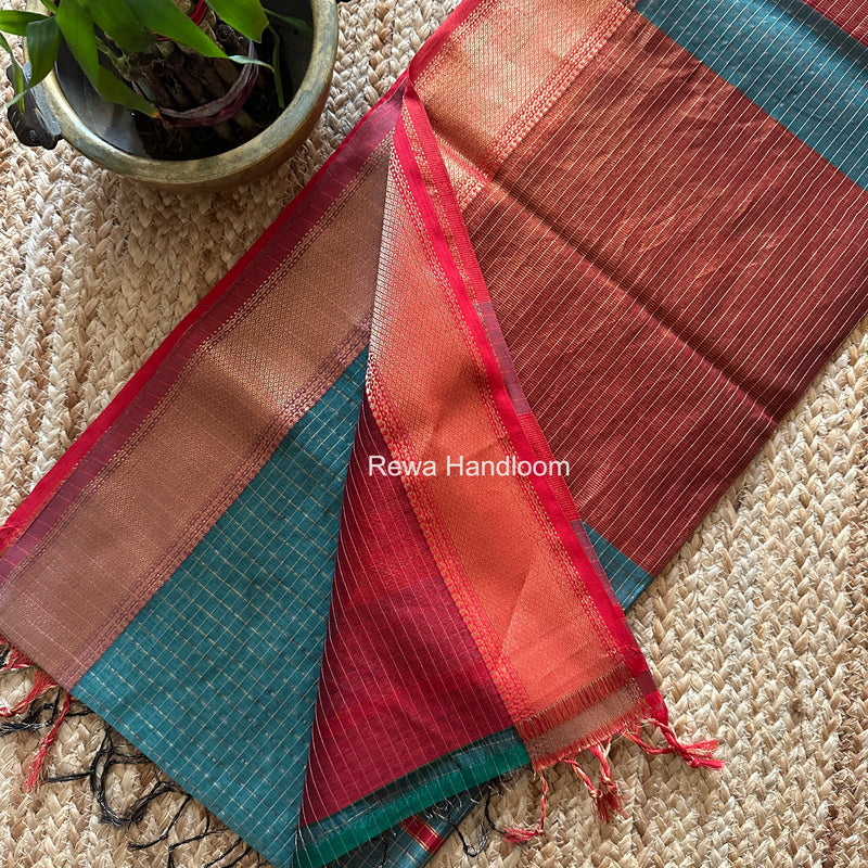 Maheshwari Aqua Green Zari Checks Saree ZCHX456