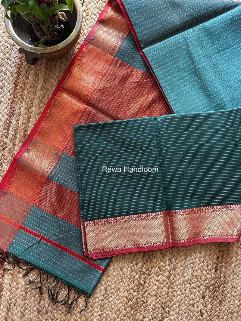 Maheshwari Aqua Green Zari Checks Saree ZCHX456