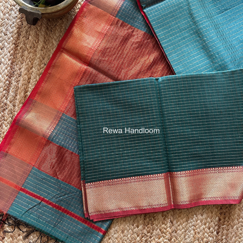 Maheshwari Aqua Green Zari Checks Saree ZCHX456