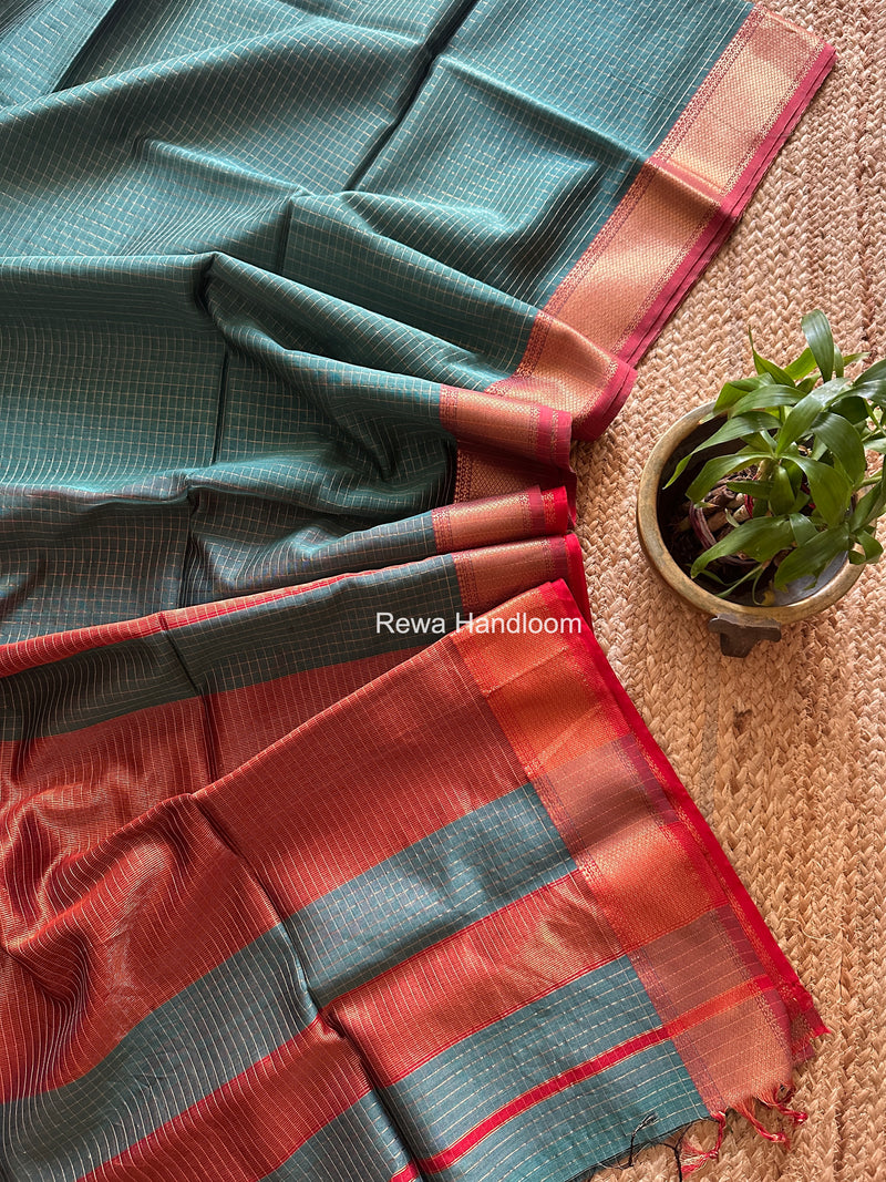 Maheshwari Aqua Green Zari Checks Saree ZCHX456