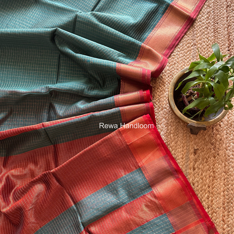 Maheshwari Aqua Green Zari Checks Saree ZCHX456