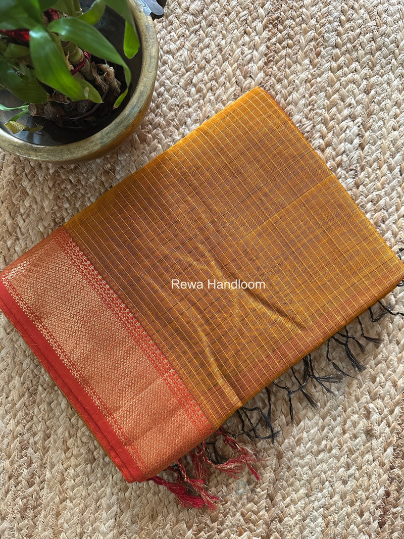 Maheshwari Dark Mustard Zari Checks Saree ZCHX455