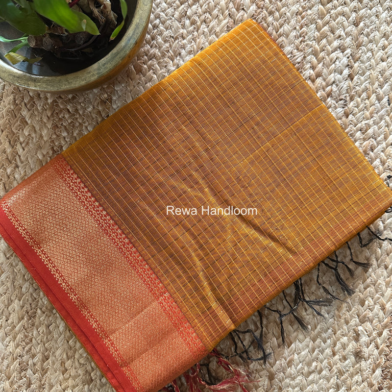 Maheshwari Dark Mustard Zari Checks Saree ZCHX455