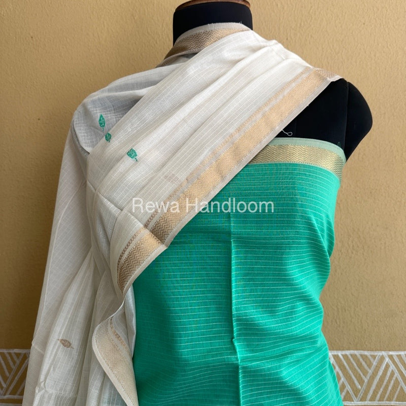 Maheshwari Sea Green-White Peacock Buta-Buti Top-Dupatta Set BTP0209