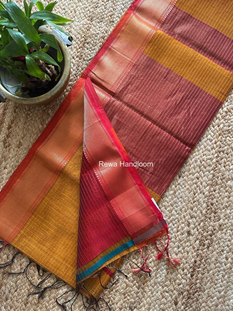 Maheshwari Dark Mustard Zari Checks Saree ZCHX455