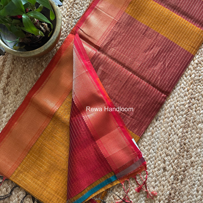 Maheshwari Dark Mustard Zari Checks Saree ZCHX455