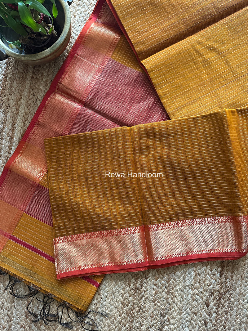 Maheshwari Dark Mustard Zari Checks Saree ZCHX455