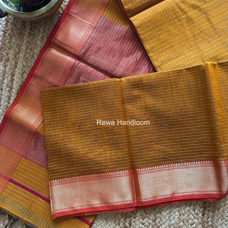 Maheshwari Dark Mustard Zari Checks Saree ZCHX455