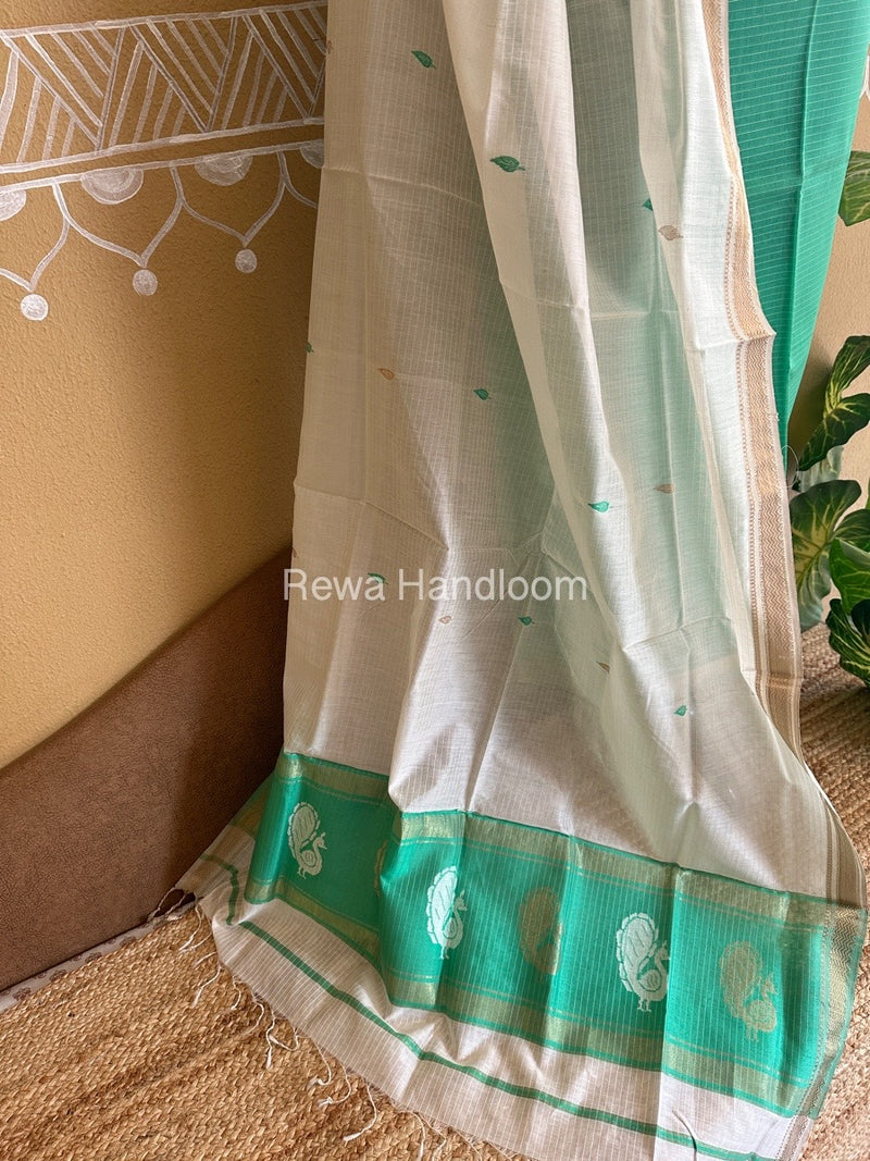 Maheshwari Sea Green-White Peacock Buta-Buti Top-Dupatta Set BTP0209