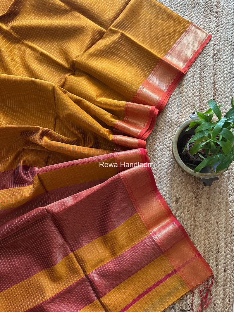 Maheshwari Dark Mustard Zari Checks Saree ZCHX455