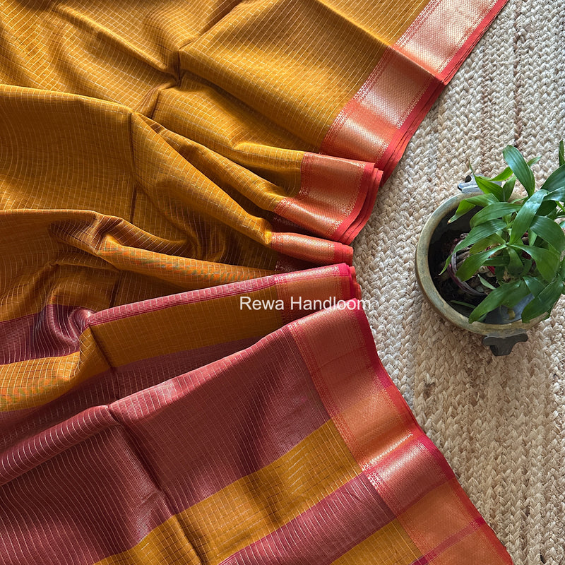 Maheshwari Dark Mustard Zari Checks Saree ZCHX455