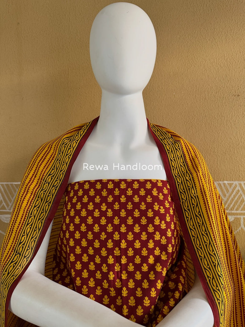 Maroon-Turmeric Yellow Bagh Print Cotton Suit BGCSJ071
