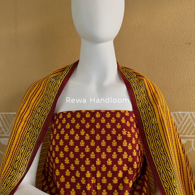 Maroon-Turmeric Yellow Bagh Print Cotton Suit BGCSJ071