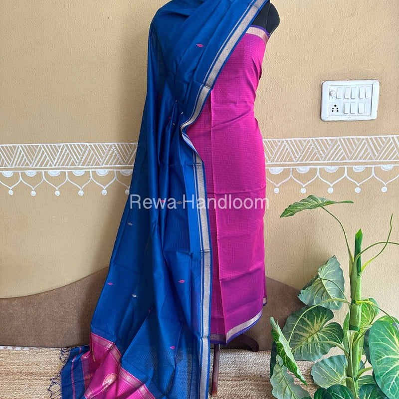 Maheshwari Megenta-Royal Blue Peacock Buta-Buti Top-Dupatta Set BTP0219