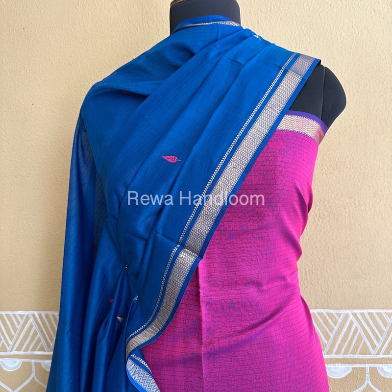 Maheshwari Megenta-Royal Blue Peacock Buta-Buti Top-Dupatta Set BTP0219