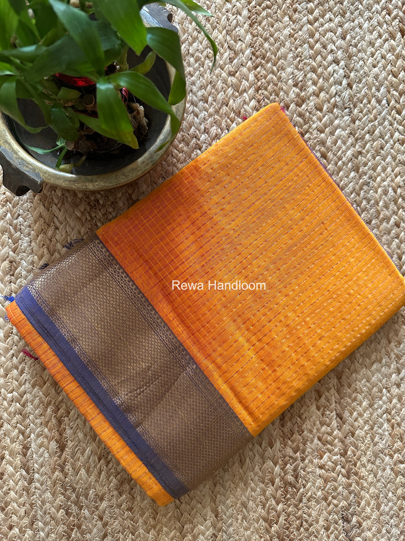 Maheshwari Golden Yellow Zari Checks Saree ZCHX490