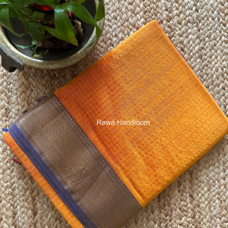 Maheshwari Golden Yellow Zari Checks Saree ZCHX490