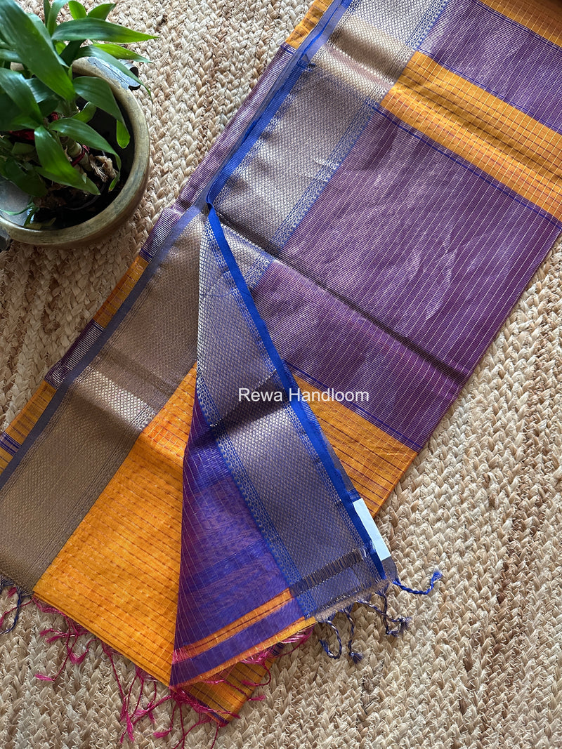Maheshwari Golden Yellow Zari Checks Saree ZCHX490