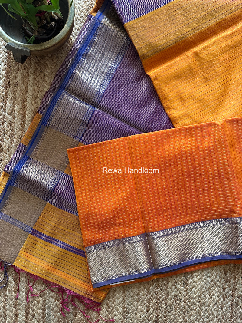 Maheshwari Golden Yellow Zari Checks Saree ZCHX490