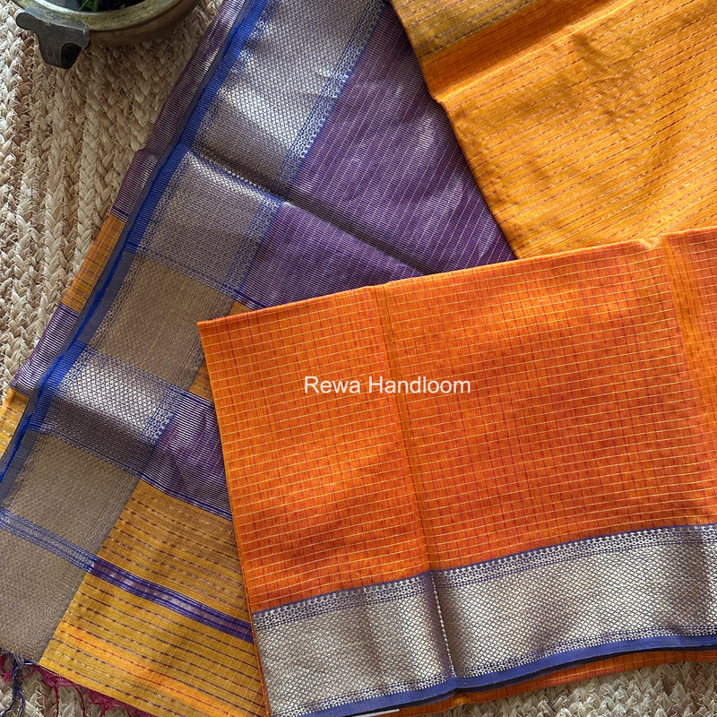 Maheshwari Golden Yellow Zari Checks Saree ZCHX490